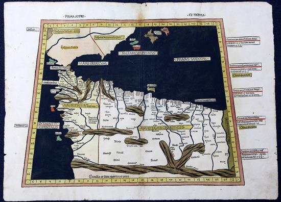 Claudius Ptolemy Prima Affri; Map of Mauritania and The Balearic Islands, 1486, overall 16.25 x 22.75in., unframed